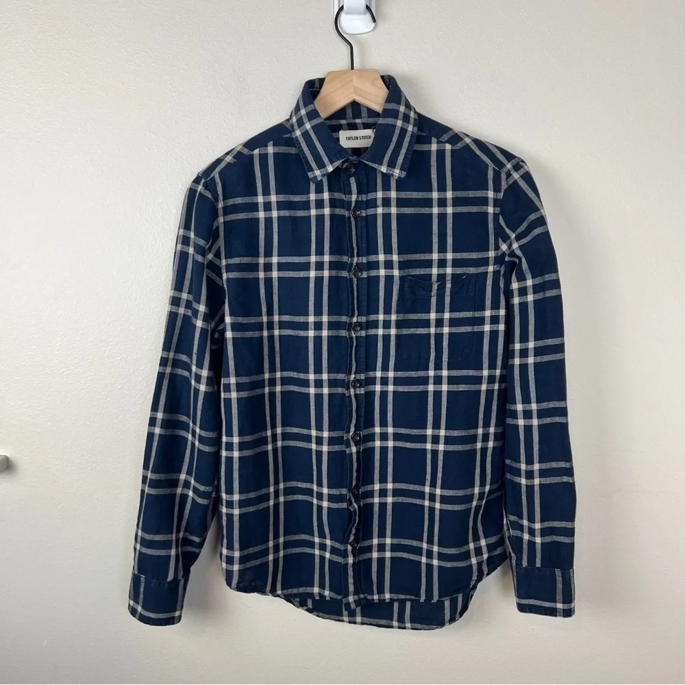 Taylor Stitch Button Front Organic Cotton Linen Shirt Windowpane Plaid